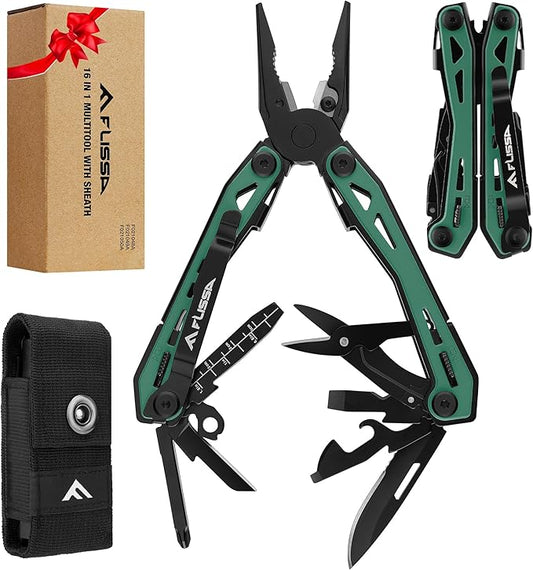 FLISSA 16-in-1 Multi Tool Pliers, Gifts for Men, Stainless Steel EDC Multitool with Pocket Knife, Belt Clip and Oxford Pouch, Self-locking Multipurpose Utility Multi-Tool for Camping Survival Outdoor