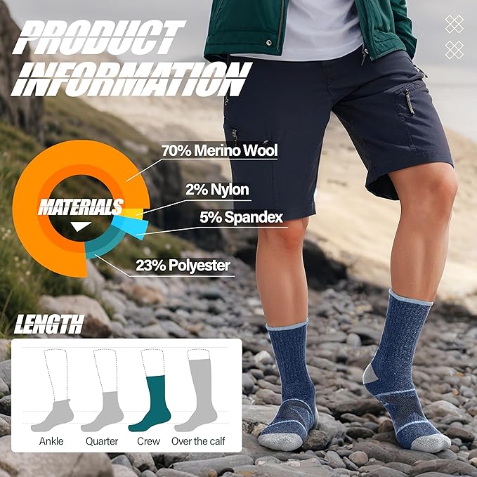 ANTSANG 5 Pairs Merino Wool Hiking Socks for Men & Women Thermal Winter Warm Moisture Wicking Cushion Boot Socks