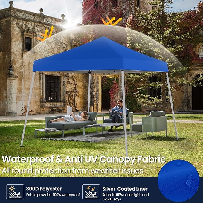 10x10 Pop Up Canopy, 300D Silver Coated Blue Fabric Outdoor Gazebo, Beach Tent Slant Legs with Storage Bag,Easy Up Sun Shade Shelter Tents with 8x8 Top Cover for Patio,Party