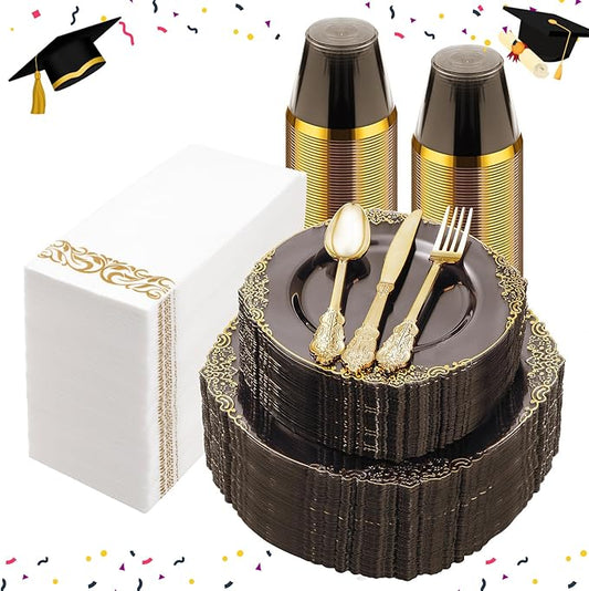 350PCS Clear Black Plastic Plates for 50 Guests, Disposable Plates with Gold Trim include 50 Dinner and Dessert Plates, 150 Gold Silverware, 50 Cups, 50 Napkins for Party & Graduation