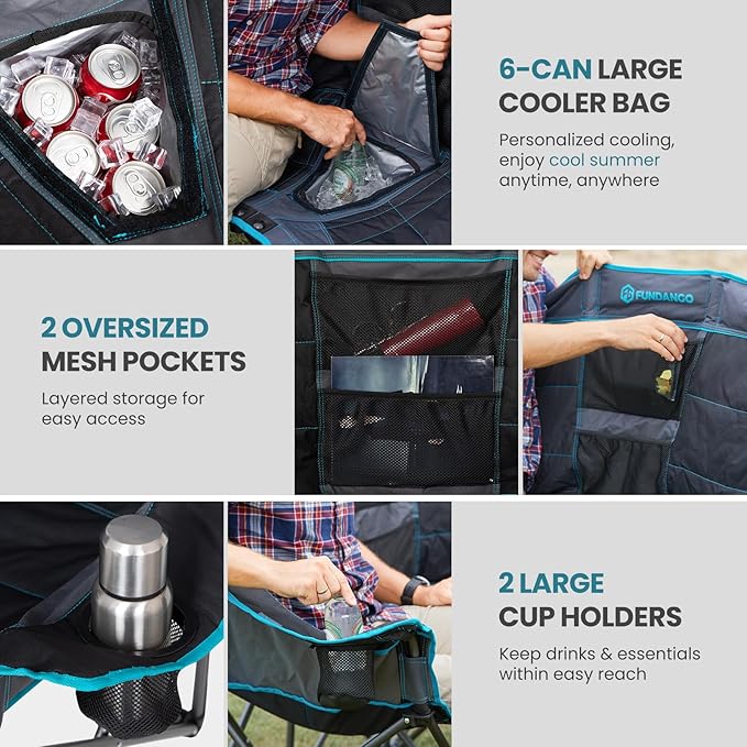 FUNDANGO Double Camping Chair with Cooler, 2 Person Folding Oversized Loveseat Camp Chairs for Adults Fully Padded Couch with Cup Holder for Outdoor Lawn Beach Patio Support 660 LBS Black/Blue