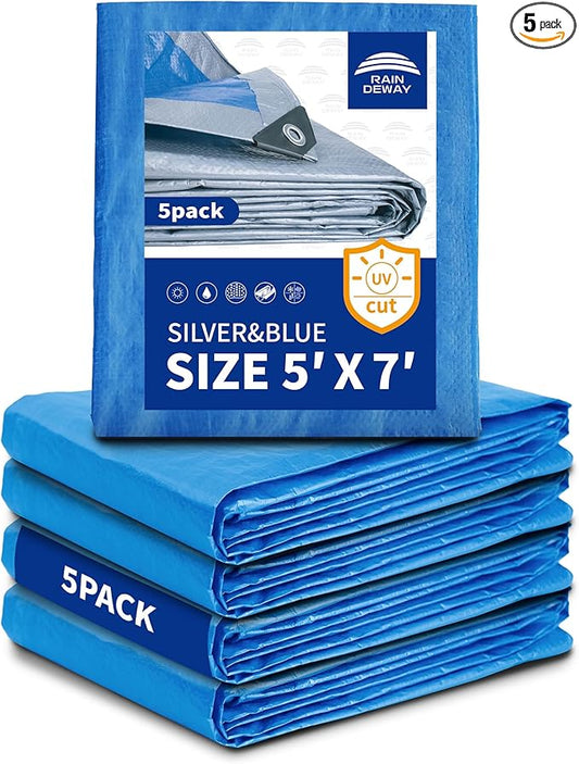 Small Tarps 5x7 Feet (5 Pack), 5.5 Mil Thick, Multipurpose Waterproof Poly Tarp Cover with Metal Grommets and Reinforced Edges, Silver/Blue Tarp by RAINDEWAY