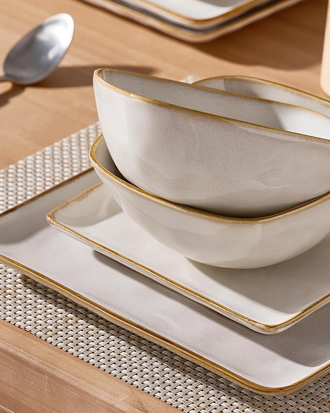 Famiware Dinnerware Sets for 8, Ocean Square 24-Piece Kitchen Plates and Bowls Sets, Microwave and Dishwasher Safe, Scratch Resistant, Cappuccino White