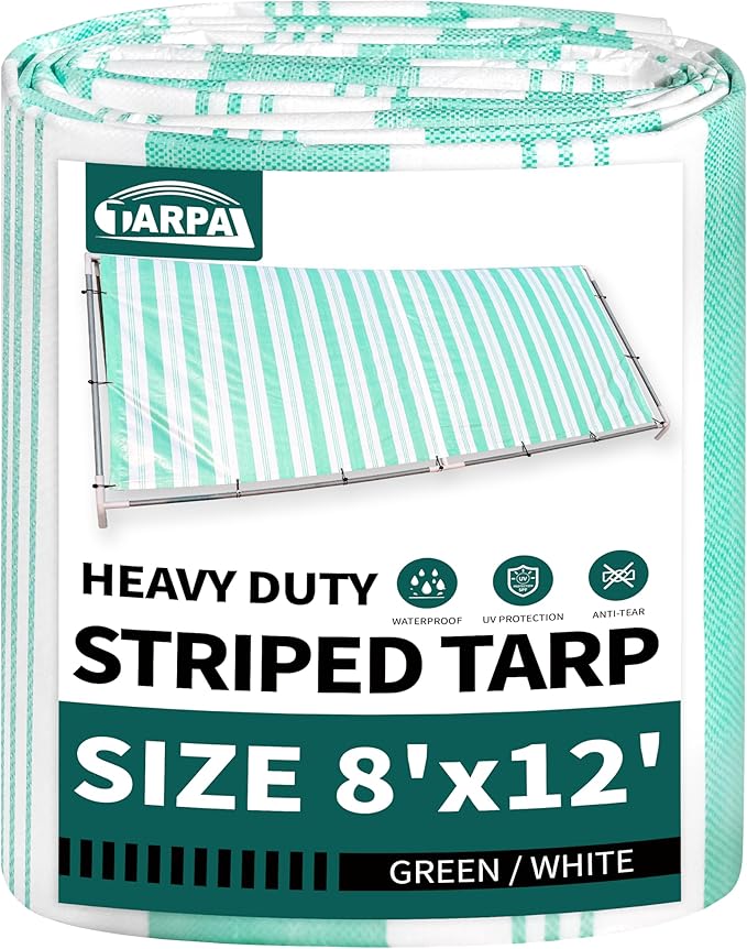 TARPAL Heavy Duty Poly Tarp 8x12 Feet 12mil Striped tarp Multipurpose Protective Cover Durable, Waterproof, Weather Proof, UV,Rip and Tear Proof（Green/White）