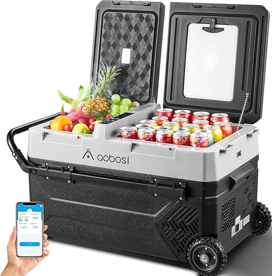 AAOBOSI 12 Volt Car Refrigerator, 45Qt (42L) Portable Car Fridge Freezer Electric Cooler Dual Zone Extension Handle, -4℉~68℉ 12/24V DC and 110-240V AC, Mini Fridge for Camping, Travel, Truck, RV