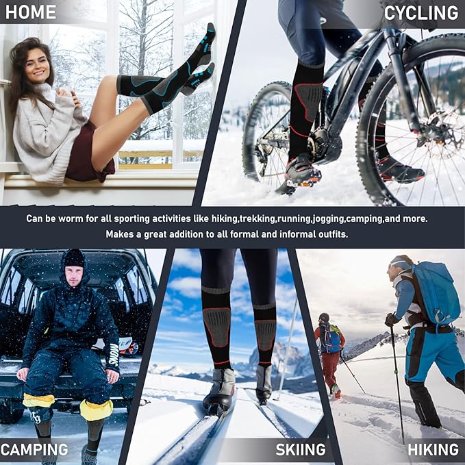 Merino Wool Ski Socks 2 Pairs, Thermal Knee High Warm Socks for Snowboarding, Hiking, Cold Weather, Snow, Hunting