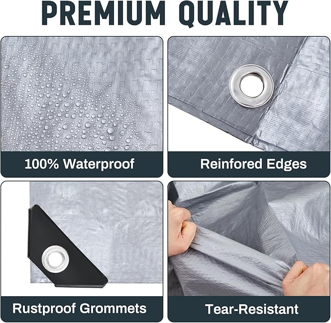 12 Pack 6 x 8 ft 5.5 Mil Large Tarps Heavy Duty Waterproof Tarp Multi Purpose Tent Cover for Home Boats Cars Camping Patio Furniture Roof Emergency Rain Protective Cover, Silver