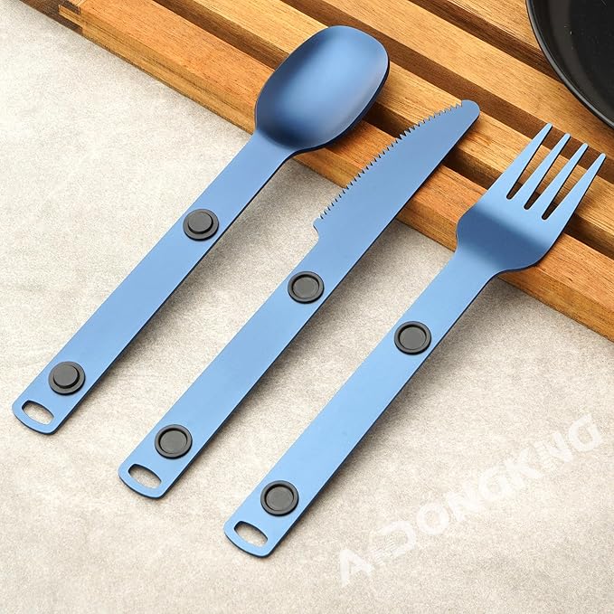 Magnetic Camping Utensil Set, Travel Cutlery Set, Knife, Fork & Spoon, Flatware Utensils for Camping, Cooking, and Outdoor Dining, 3-Pack, Blue