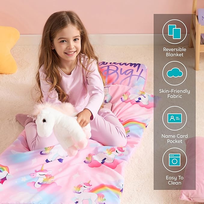 JOIEDOMI Toddler Nap Mat for Preschool 55''x30'' Sleeping Mat with Removable Pillow and Minky Blanket for Kids Ages 3-7 Roll Up Soft Kids Sleeping Bag for Boys Girls Kindergarten Daycare Sleepover