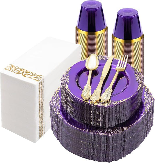 350PCS Clear Purple Plastic Plates for 50 Guests, Disposable Plates with Gold Trim include 50 Dinner Plates, 50 Dessert Plates, 150 Gold Silverware, 50 Cups, 50 Napkins for Party, Wedding