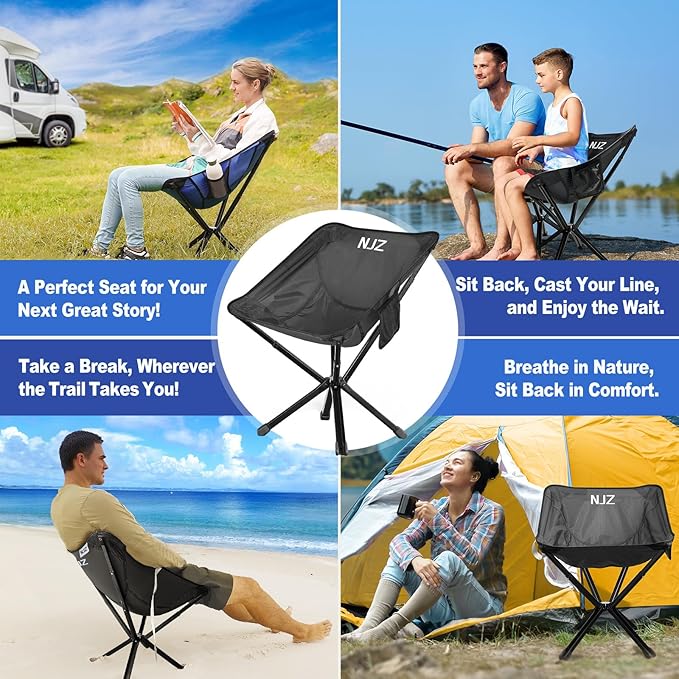 Small Camping Chair, Compact Folding Camping Chair for Adults-200 LBS Supported Lightweight Backpacking Chair for Outdoors Fishing, Hiking, Travel, Picnic, Beach Aluminum Chair(Black)