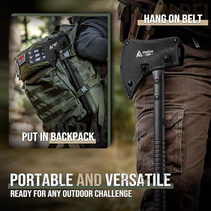 Freelander Camping Axe with Sheath, Sharp Tactical Hatchet Axe with Clip and Bottle Opener, Multi-Functional Hammer Tactical Tomahawk, Survival Tomahawk Axe for Camping (Black, 15 Inch)