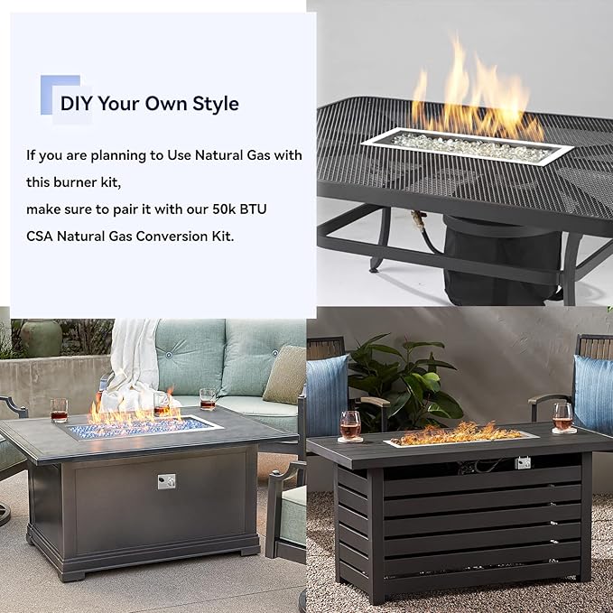 Skyflame 30" Linear Stainless Steel Fire Pit Drop-in Burner Kit with Flame Sensing, Electronic Spark Ignition, CSA Certified, and Propane Regulator Hose Set