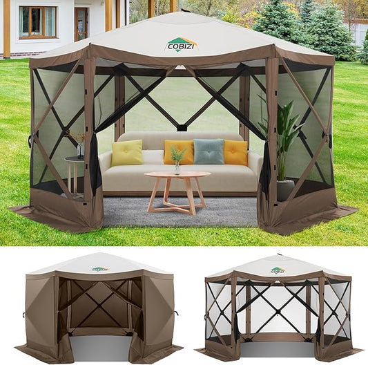COBIZI 12x12ft Pop up Gazebo Screen Tent Screen House for Camping, Camping Outdoor Screened Gazebo with Sidewalls, Portable Hub Tent with Carrying Bag and Ground Stakes, Brown(Upgraded 2.0)