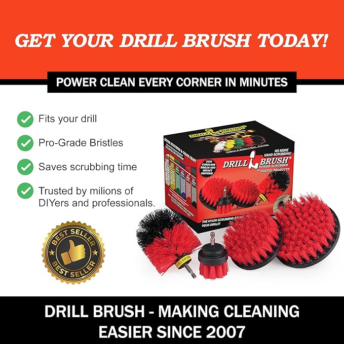 Drillbrush Heavy Duty Stiff Bristle 4 Piece Brush Kit for Cordless Drill – Power Scrubber Attachments Ideal for Cleaning Outdoor Surfaces, Deck, Patio,Brick, Gutter, Chimney, Fireplace, Driveway