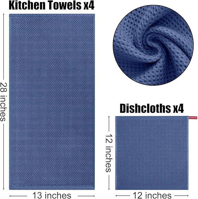 Kitinjoy 100% Cotton Kitchen Towels and Dishcloths Set, 10 Pack-13" x 28" and 12" x 12" Waffle Weave Dish Towels, Ultra Soft Absorbent Quick Drying Dish Rags, Navy Blue