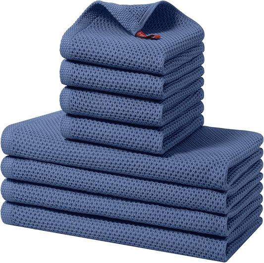 Kitinjoy 100% Cotton Kitchen Towels and Dishcloths Set, 8 Pack-13" x 28" and 12" x 12" Waffle Weave Dish Towels, Ultra Soft Absorbent Quick Drying Dish Rags, Navy Blue