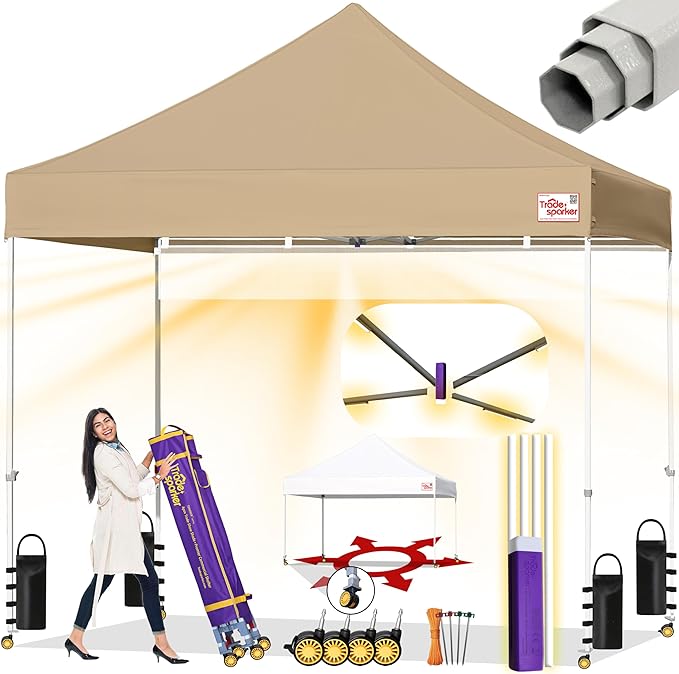 Tradesparker 10x10 Pop Up Canopy Tent,Easy up Commercial Canopy Tent Instant Shelter for Beach Events Parties Camping Market,Pop Up Canopies with LED Curtain+Casters+Weight+Stakes,Beige---B0F1YC86HK