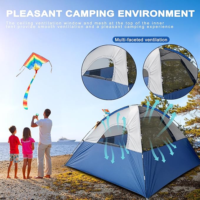4 Person Dome Camping Tent, Double Layer Waterproof, Removable Rain Fly, for Outdoor Hiking, Fishing