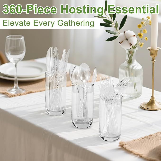 Pleafind 360 Count Plastic Silverware - 7 Inch Heavy Duty, Food Grade Plastic Utensils Set for Family Gatherings, Picnics & Everyday Use, Disposable Silverware with 120 Forks, Spoons and Knives