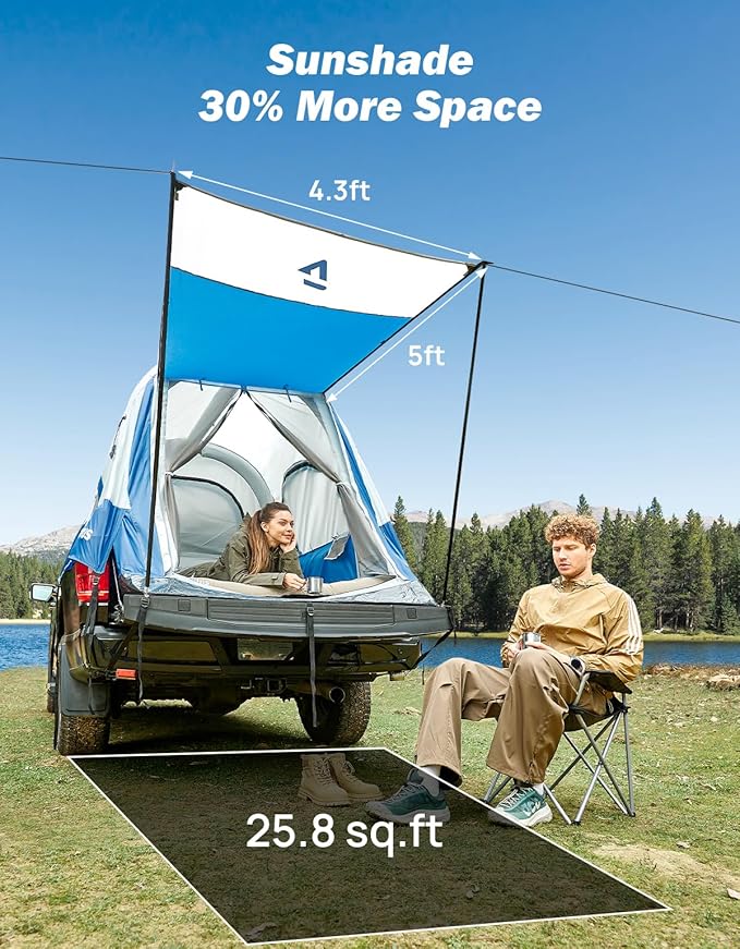 JOYTUTUS Inflatable Truck Bed Tent 5.5-6.5FT with Awning, Includes Air Pump for Quick 30 S Setup, Dual-use Pickup or Camping Tent for 2 Person, Truck Tent with Waterproof Roof Shade and 3 Windows
