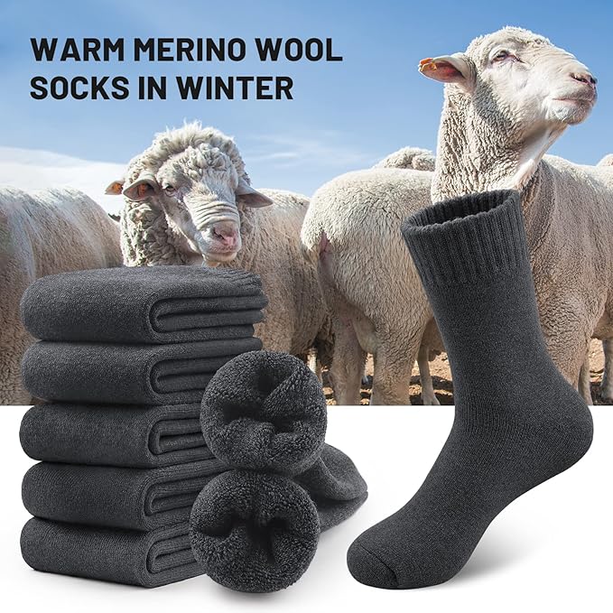 SIMIYA 5 Pairs Merino Wool Socks for Men, Thick Winter Wool Hiking Socks, Warm Breathable Crew Mens Socks