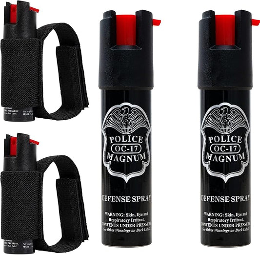 Police Magnum Pepper Spray Runner Safety Gear Bundle kit- Made in The USA- 2 Pack 1/2oz Black Joggers- 2 Pack 3/4oz Twist Locks