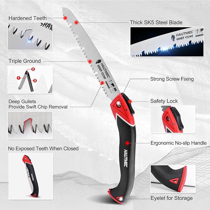 HAUTMEC 9" Pruning Hand saw, Pro Folding Saw of Sharp Stone Serie, SK5 Blade, Precision Hardened Triple-cut Teeth, Deep Gullets for Swift Chip HT0304
