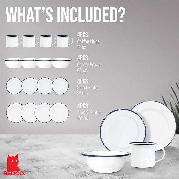 Red Co. 16-Piece Enamelware Metal Dinnerware Set for 4, Solid White/Navy Blue Rim