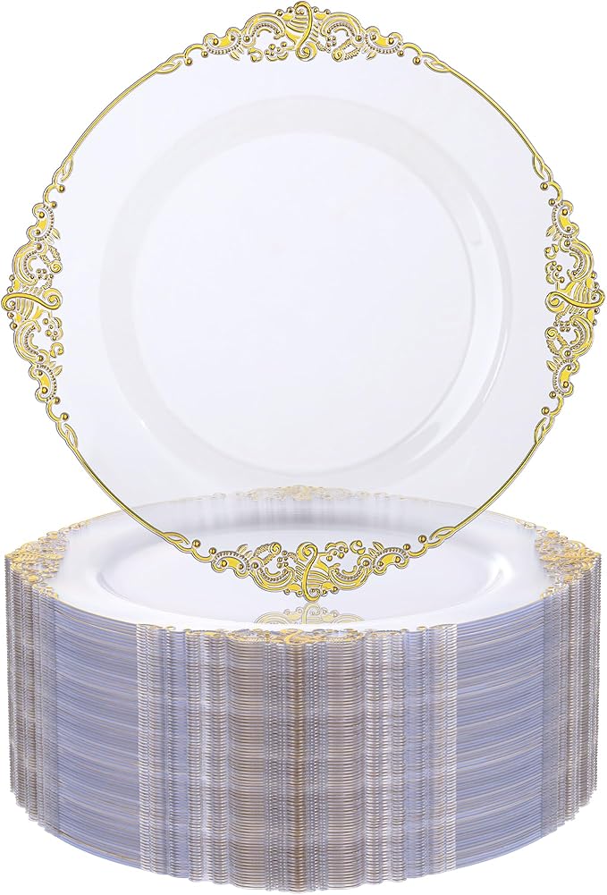 Nervure 100PCS Clear and Gold Plastic Plates - 7.5inch Clear Disposable Plates - Heavyweight Gold Plastic Plate - Dessert Plate for Wedding & Party & Thanksgiving