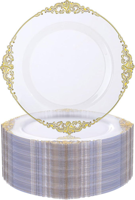 Nervure 100PCS Clear and Gold Plastic Plates - 7.5inch Clear Disposable Plates - Heavyweight Gold Plastic Plate - Dessert Plate for Wedding & Party & Thanksgiving