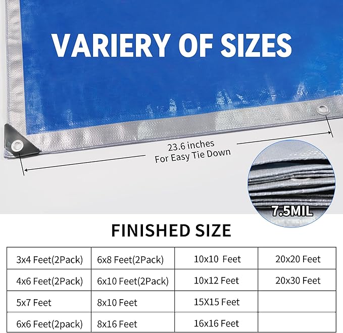 TARPAL Tarp 8x16 Feet Tarp Waterproof Small tarp 7.5mil Waterproof tarps for Outdoors,UV Protection,Rip and Tear Proof,Poly Tarpaulin(Silver/Blue)