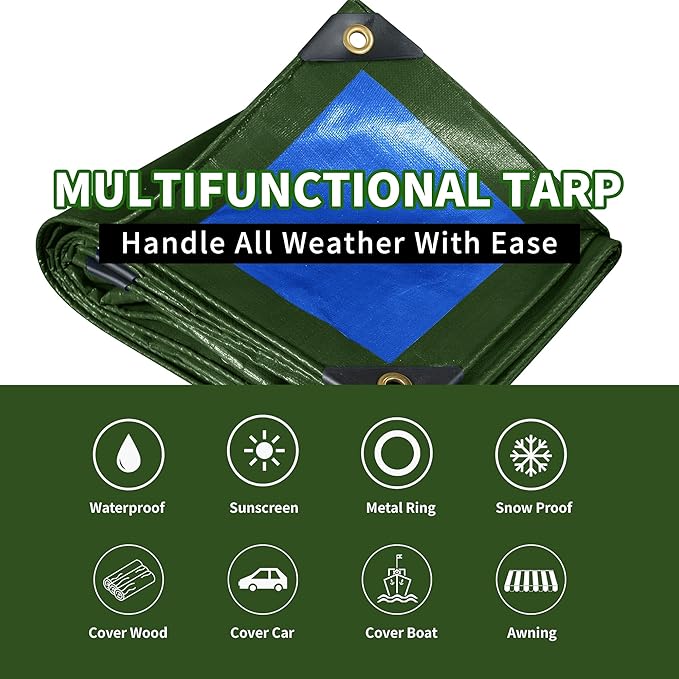 TARPAL 10x25 Tarp Heavy Duty Waterproof Tarp 16mil Thick Tarps with Metal Grommets Every 17.7" UV Protection&Tear -Resistant Cover for Firewood,Roof,Pool,Car,RV&Outdoor Furniture（Green/Blue）