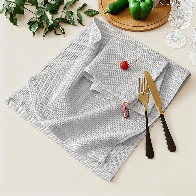 Kitinjoy 100% Cotton Kitchen Towels and Dishcloths Set, 8 Pack-13" x 28" and 12" x 12" Waffle Weave Dish Towels, Ultra Soft Absorbent Quick Drying Dish Rags, Light Grey