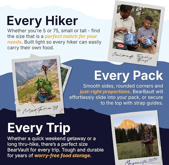 Canister for Backpacking. 4 Sizes: BV500, BV475, BV450, BV425. Bear-Resistant Food Container for Camping, Hiking, Fishing, Hunting, Bikepacking. BearVault is Bear Safe!