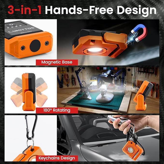2 Pcs Mini Rechargeable LED Work Light, 550 Lumens Magnetic Flashlight Keychain Lights with Rotatable & Magnet Base Portable Mechanic Light for Car Repairing Outdoors Camping, Orange