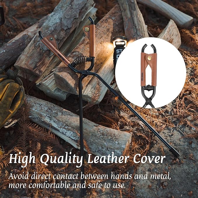 OMUKY Fireplace Tongs Log Claw Tongs with Faux Leather Handle Cover Log Grabber Clamp Tool for Indoor & Outdoor Camping Campfire Fireplace Fire Pit(Black)