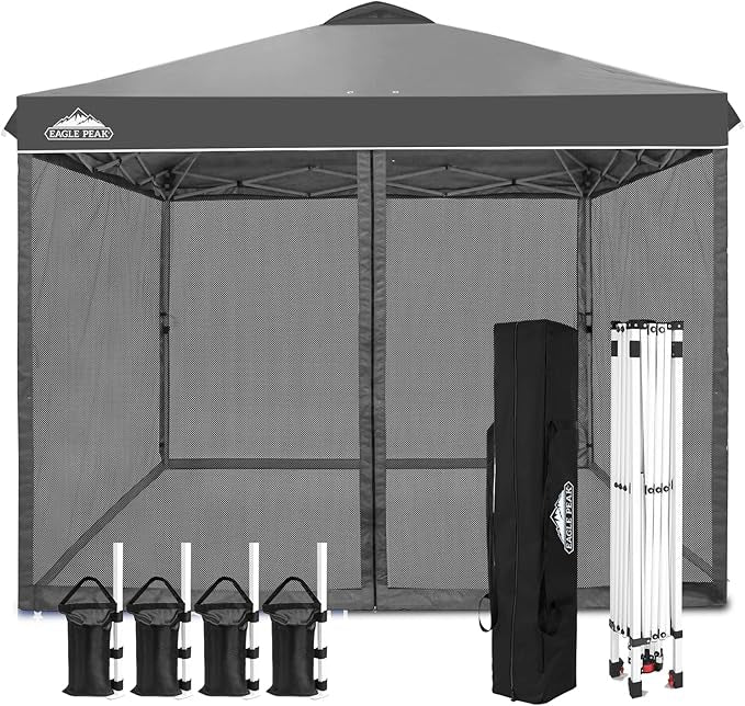EAGLE PEAK 10x10 Outdoor Easy Pop up Canopy with Netting, Instant Screen Party Tent with Mesh Side Walls, Gray