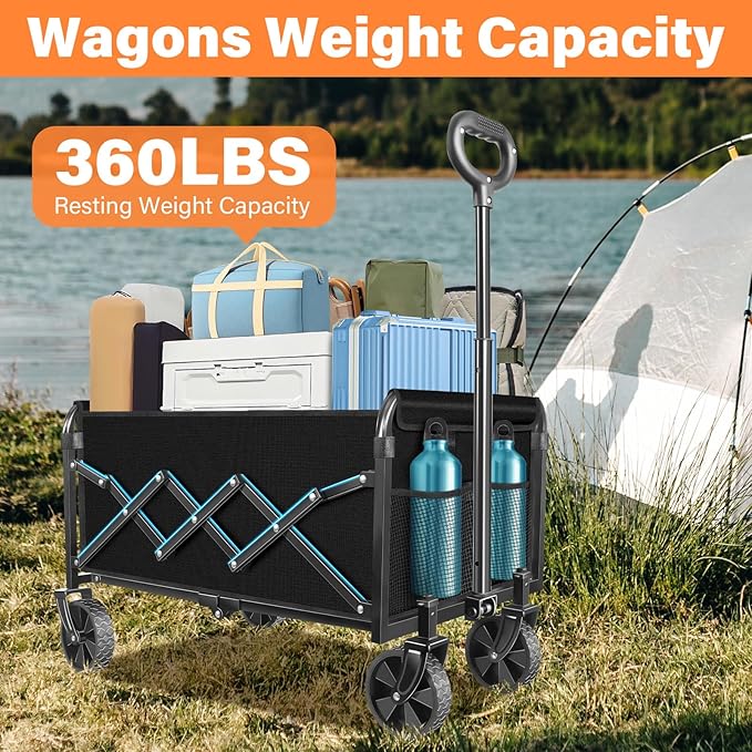Wagons Carts Foldable - Collapsible Wagon Cart with Wheels Foldable - Utility Folding Wagon Cart for Sports Camping Grocery, Black