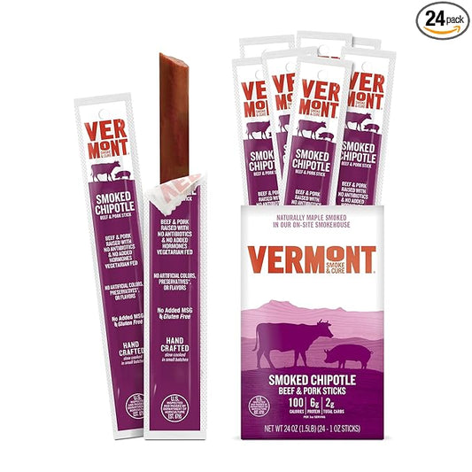 Snack Sticks by Vermont Smoke & Cure – Smoked Chipotle – Beef & Pork – Healthy Meat Protein – 1oz Jerky Stick – 24 count carton