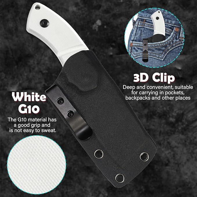 KANSEPT Knives Korvid S Fixed blade Hunting Camping Hiking Knife with 2.9''14C28N Blade Cleaver White G10 Handle, Kydex Sheath for Men Women Everyday Carry G2030A2