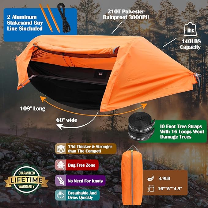 WintMing Hammock with Mosquito Net and Rain Fly Cover 3 in 1 Camping Hammock Tent 440lbs Load