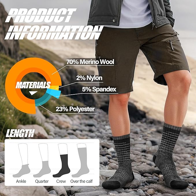 ANTSANG Merino Wool Hiking Socks for Men & Women 5 Pairs Thermal Warm Winter Thick Cushion Moisture Wicking Crew Boot Socks