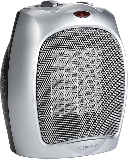 Amazon Basics Ceramic Space Heater, Portable Indoor Heating Solution, With Overheat and Tip-Over Protection, Thermostat, Non-Oscillating, 1500W, 7.52"D x 6.34"W x 9.45"H, Silver