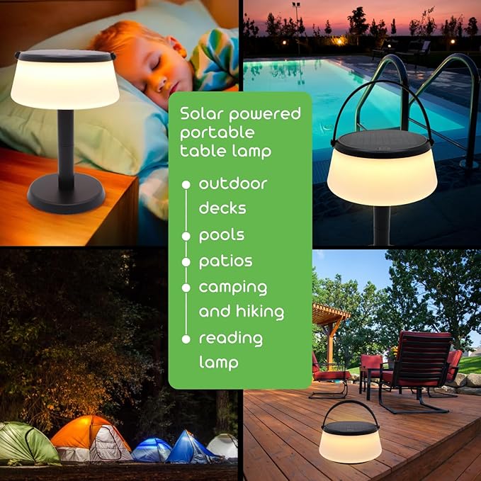 2-in-1 Portable Solar Power LED Table Lamp & Lantern - Indoor/Outdoor - Stepless Dimming - Rechargeable Battery - 330 lumens, 2700K - IP44 Weather Resistant - Black - 1 Pack