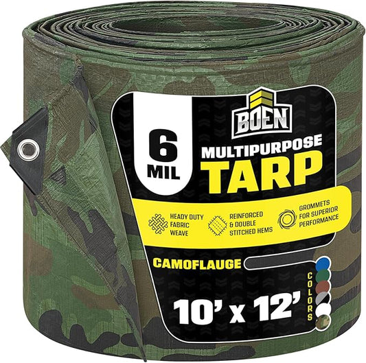 Heavy Duty Tarp Waterproof Large Cover | Camo, 10' x 12' 6 Mil Thick | Rip Proof Tarps | Thick Weave Material, UV Resistant Great for Tarpaulin Canopy Tent, Boat, RV or Pool Cover