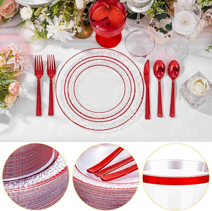 Ciaell 150 PCS Red Plastic Plates – Clear Hammered Disposable Plates with Red Rim include 50Plates, 25Forks, 25Knives, 25Spoons, 25Cups for Wedding & Party & Anniversary & Christmas