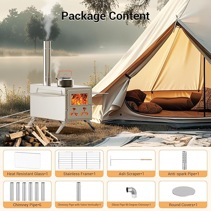 Hot Tent Stove, Camping Wood Stove for Tent, Portable Stainless Steel Wood Burning Stove with 7 Chimney Pipes for Wall Tent Camping, Cooking, Ice Fishing, Hunting, Boiling Water - Large