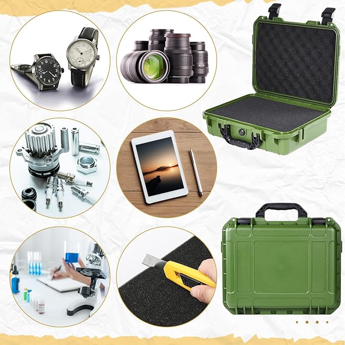 14.3 x 11.4 x 4.5 Inch Waterproof Hard Case with DIY Customizable Foam Insert Portable Protective Case with Knife for Camera Drones Equipments Tools Test Instruments (Green)