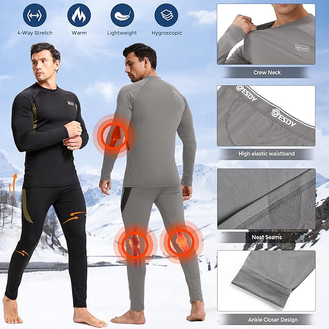 romision 2 Pack Thermal Underwear for Men Long Johns Fleece Lined Hunting Gear Bottom Top Set Base Layer Cold Weather XS-4XL